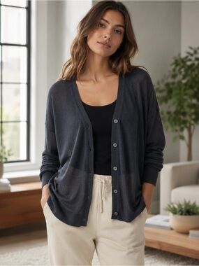 INHABIT Button Down Gray Crew Neck Wool Cardigan Small